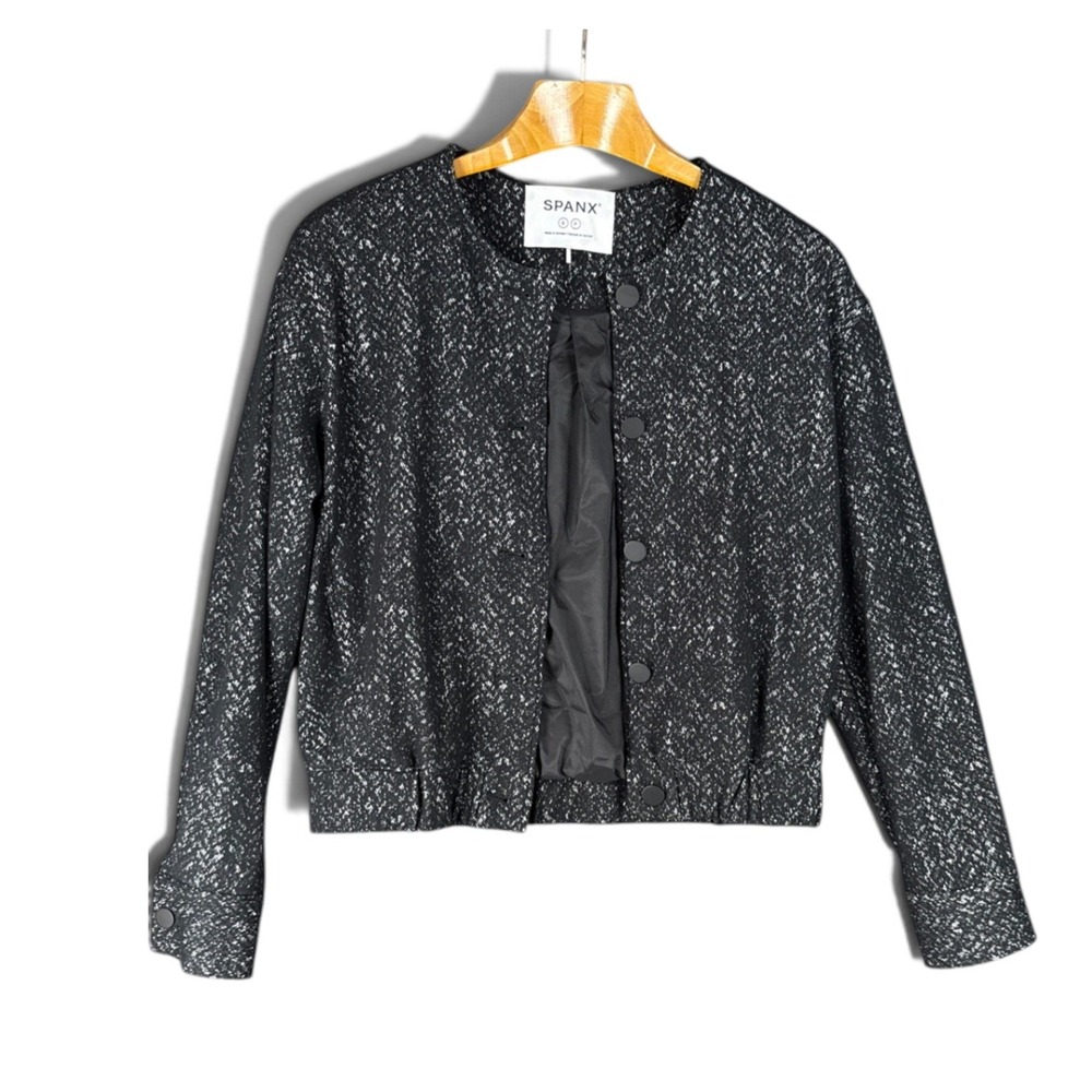 Spanx Ponte Bomber Herringbone Jacket Size S Black Speckled Pockets Stretchy
